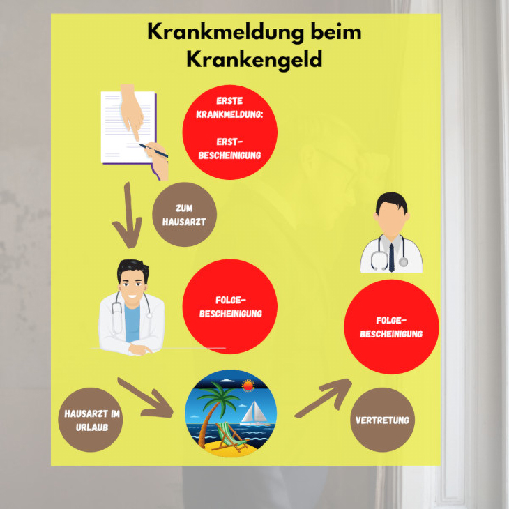 Die Infografik zeigt die richtige Vorgehensweise beim Krankengeld: Wenn die Erstbescheinigung ausläuft, gehen Sie erneut zum gleichen Arzt. Ist das nicht möglich, besorgen Sie sich bei der Vertretung oder einem anderen Mediziner Ihre Folgebescheinigung.