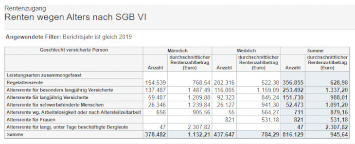 Screenshot über die durchschnittlichen Rentenhöhen bei Neuzugängen 2019