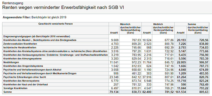 Screenshot einer Tabelle der Deutschen Rentenversicherung Bund. Angeführt sind die häufigsten Ursachen für eine Erwerbsminderungsrente im Jahr 2019.